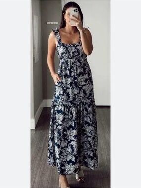 A&F Bow Back Poplin Maxi Dress - Navy Pattern - XS
